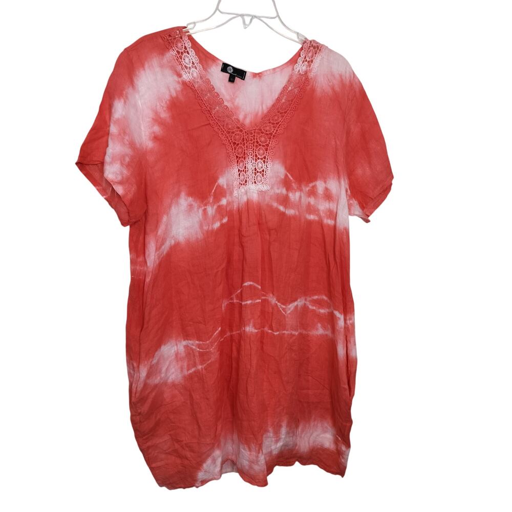 5265)Made in Italy Coral Orange Tie Die Linen Oversize Summer Tunic Dress Small